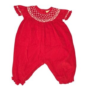 Le' Za Me Red Courdery Romper Hand Smocked 100% Cotton size 6 months